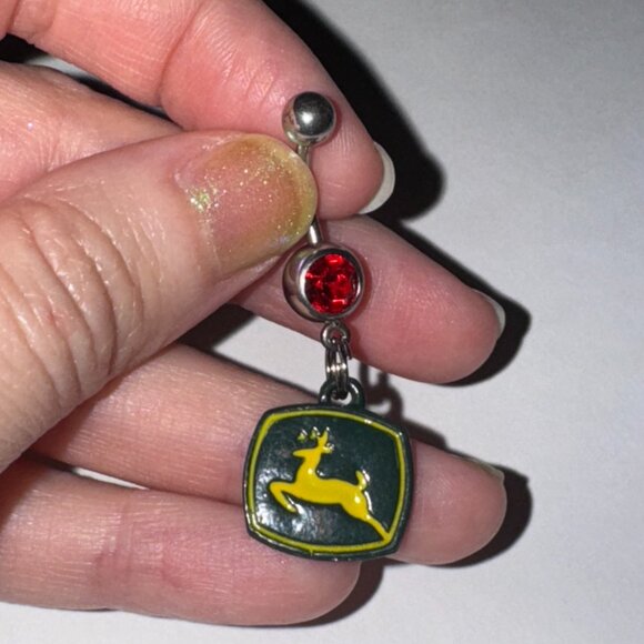 Red Gem John Deere Dangle Belly Ring - Picture 2 of 5